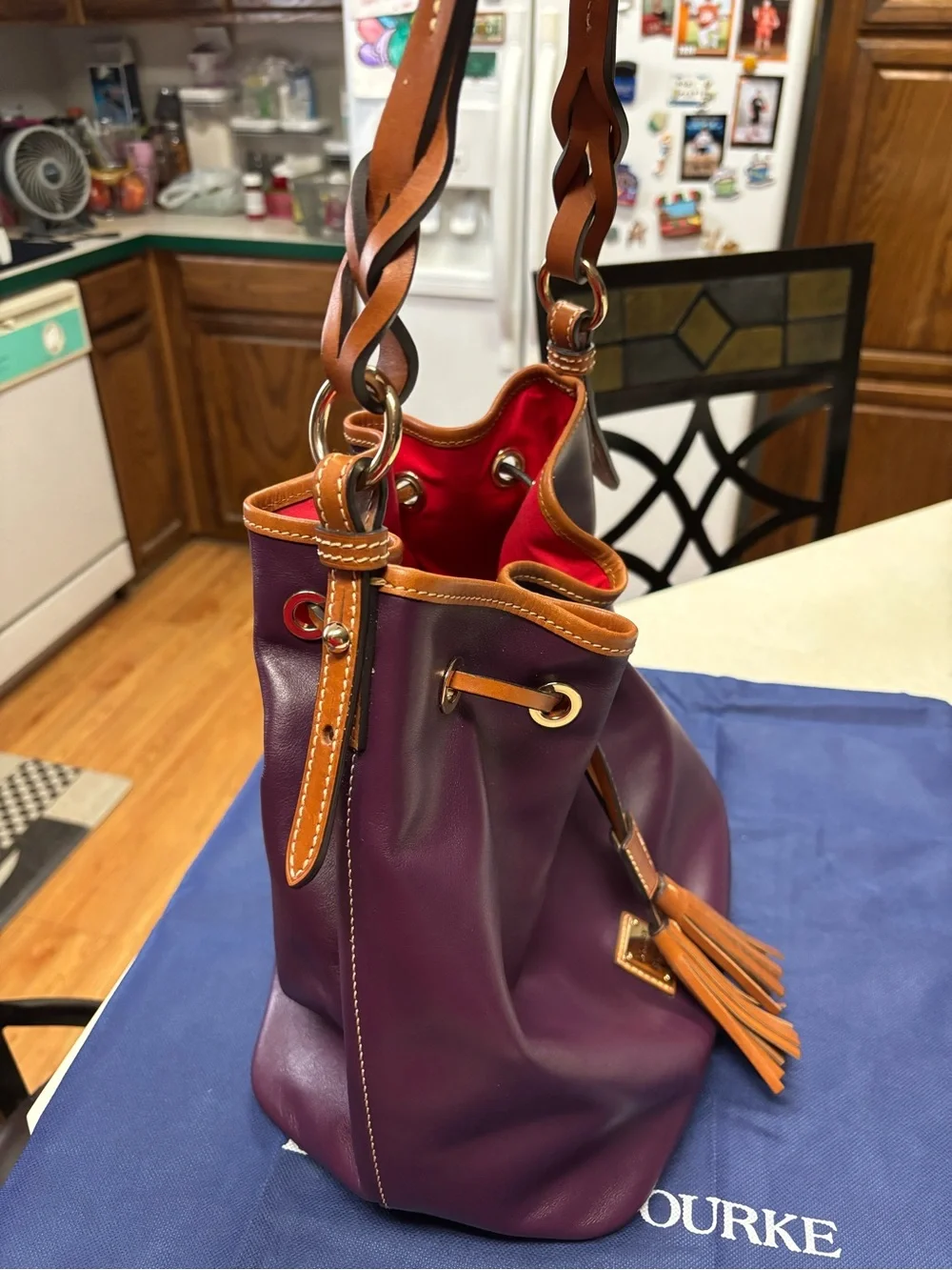 Dooney & Bourke Plum Leather Drawstring Hobo with Tan Trim